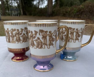 4 Tazas Raras Corona Real Oro Verde Azul Borgoña Pedestal Griego Porcelana - Imagen 1 de 9