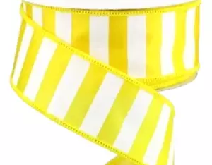 Lemon Yellow White 1.5" x 2 yds Wired Ribbon Horizontal Stripe Summer Beach - Picture 1 of 2