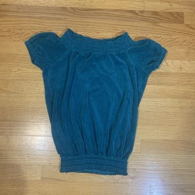 Juicy Couture Gela Pam Smocked Velour Puff Sleeve Blouse Teal Women's Medium - Image 1 of 4