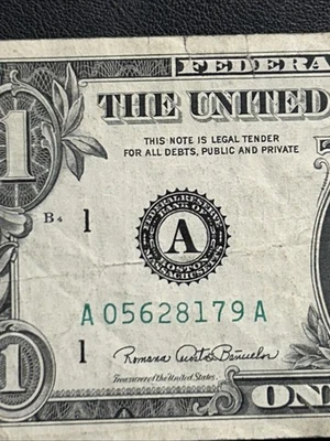 1969D $1 Dollar Bill A05628179 8 Unique Digits Fancy Serial Number Boston - Image 1 of 4