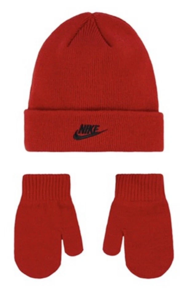 全新 Nike 学步儿童 红色铐边针织 温暖 冬季 豆豆和连指手套 礼品套装 2T-4T — 第 1/1 张图片