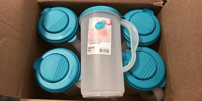 无菌石圆形水罐 0482 塑料 2 夸脱彩色推顶喷嘴透明底座,5-PK — 第 1/2 张图片