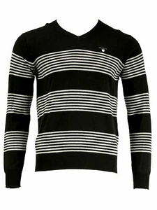 Gant Men's Cotton Wool Stripe V-Neck, Medium, Black - Picture 1 of 2