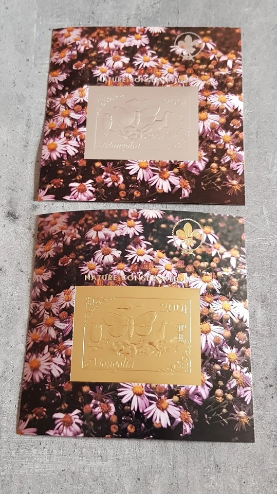 蒙古自然 CONSERVATION-DINOSAURS&BUTTERFLIES &OWL- 2 块金色和银色 — 第 1/1 张图片