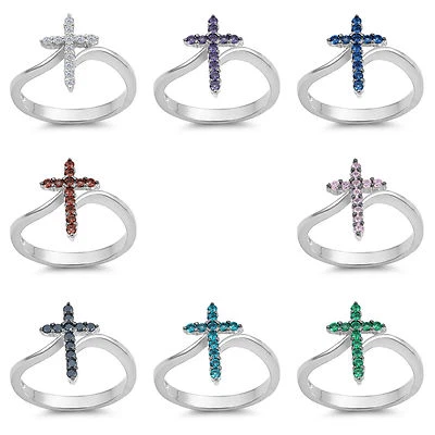 Sterling Silver 925 PRETTY CROSS CHARM DESIGN CZ STONE RINGS 15MM SIZES 3-13 - Image 1 of 2