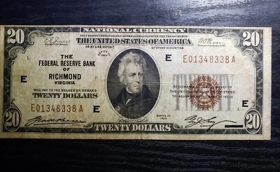 1929 TWENTY DOLLAR $20 NOTE FEDERAL RESERVE BANK OF RICHMOND  VIRGINIA - Image 1 of 2