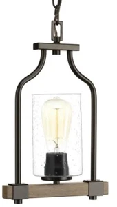 Barnes Mill Collection 1-Light Antique Bronze Pendant with Seeded Glass Shade - Picture 1 of 3