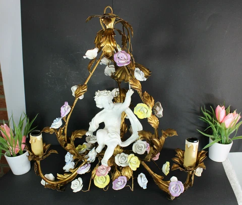 Rare antique MEtal porcelain flowers putti cherub 3 arm chandelier lamp rare Cover