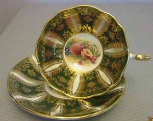Vintage Paragon England Orchard Fruit Teacup with Saucer Set Green Gold Gilt - Picture 1 of 10