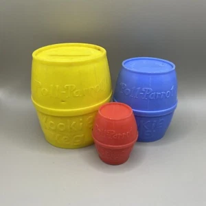 Vintage Plastic Poll Parrot Shoes Nesting Coin Bank Barrel Kookie Keg Set of 3 - Picture 1 of 4