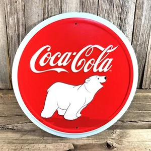 Coca-Cola Coke Polar Bear Round 12" Embossed Pop Soda Metal Tin Sign New - Picture 1 of 3