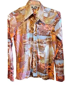 VTG 70s Mens Disco Acetate Button Up Shirt Large Owl Photo Collage Collar Silky - Picture 1 of 8