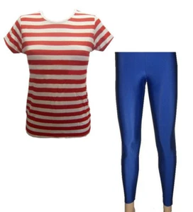 Rojo y Blanco Rayas Camiseta, Top, Azul Real Leggings Disfraz Talla 8-22 - Imagen 1 de 3