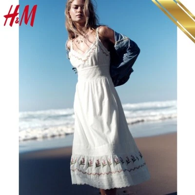 H&M 2025 Embroidered Floral Cotton Dress Flared | Strappy Dress - H&M Original - Image 1 of 4