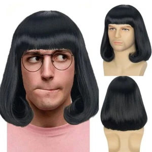 Synthetic Hair Men Unisex Black Short Bob Wig With Full Bangs Halloween Costume - Picture 1 of 10