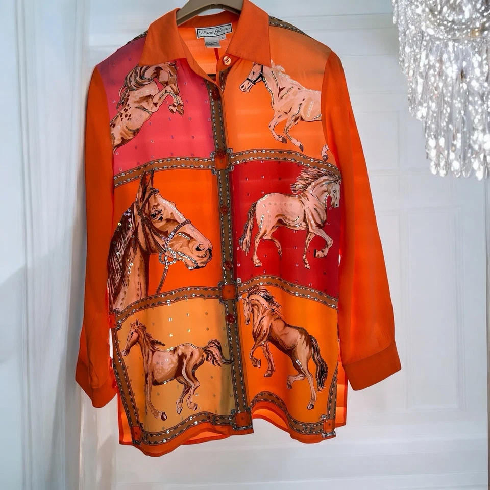 Blusa Retro Vintage Seda Caballo Western Ecuestre Bling Lentejuelas Talla S Foto 1 de 4