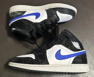 Nike Air Jordan 1 Mid Shoes Youth 4.5Y Black Blue White Sneakers - Picture 1 of 9