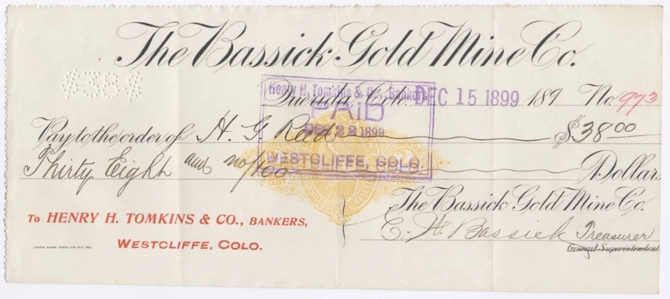 1899 Querida Colorado CHECK 💲 BASSICK Gold Mine Co. Ghost Town Foto 1 de 1