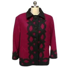 VINTAGE 80S CINDY OWINGS DESIGNS 100% WOOL JACKET W BLACK APPLIQUES COIL BUTTONS - Picture 1 of 5