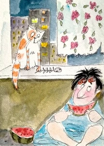 NEW!ACEO Original Painting Watercolor OOAK , Cat Lady, Woman, catlover, portrait - Picture 1 of 5