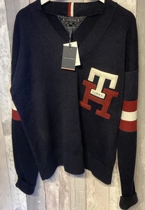 Jersey Tommy Hillfiger Para Hombre Cuello en V Universitario Azul Marino Nuevo con Etiquetas XXL 27 P2P - Imagen 1 de 8