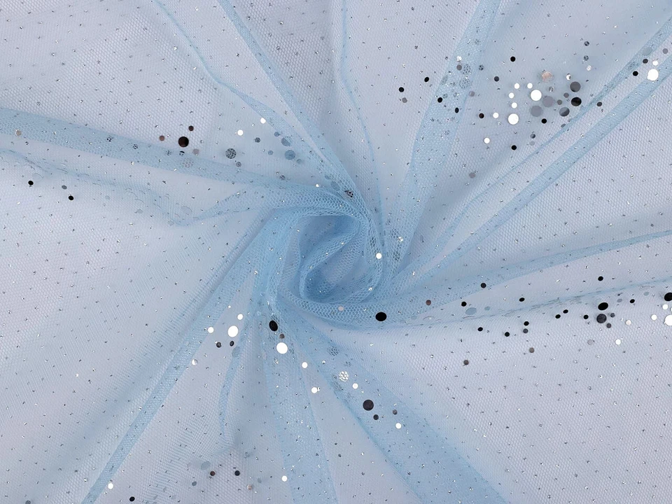 KURZWAREN DIREKT Tüll 0,5m Stoff 160cm breit zartes Netz Dekostoff hellblau mit Paillettendruck