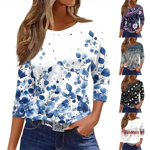 Women's T Shirt Print 3/4 Sleeve Daily Weekend Fashion Basic Round Neck Regular - Picture 1 of 27