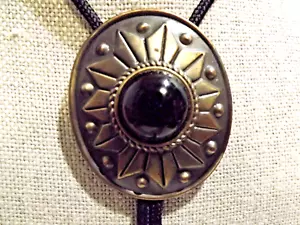 Bolo Tie Bronze Medalion Black Round Stone and Bronze Tips Black Rope 2.75x2.25 - Picture 1 of 10