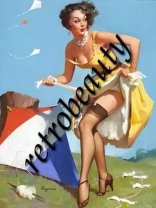 P029 Foto A4 Pinup Mädchen mit Drachen offene Beine - französische Farben Socken - Bild 1 von 1