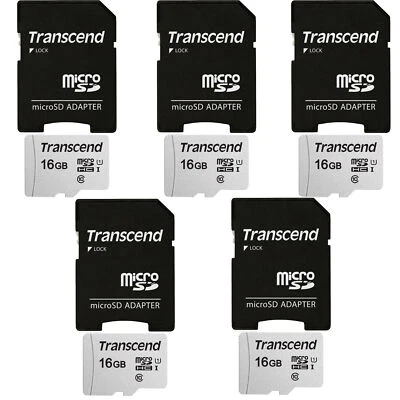 5 Units Transcend 16GB MicroSD Class 10 Micro SDHC Memory Card with SD Adapter - Image 1 of 3