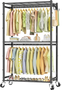 Rolling Clothes Rack for Hanging Clothes, Metal Clothing Garment Rack with Doubl - Picture 1 of 9