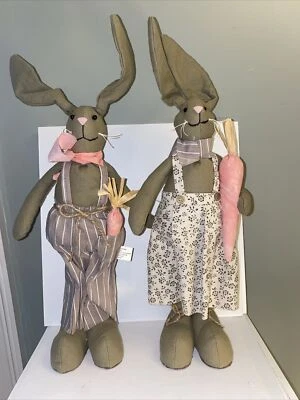 Farmhouse Country Bunny Pair Carrot Easter Rabbit Primitive 18” Tall - Image 1 of 4