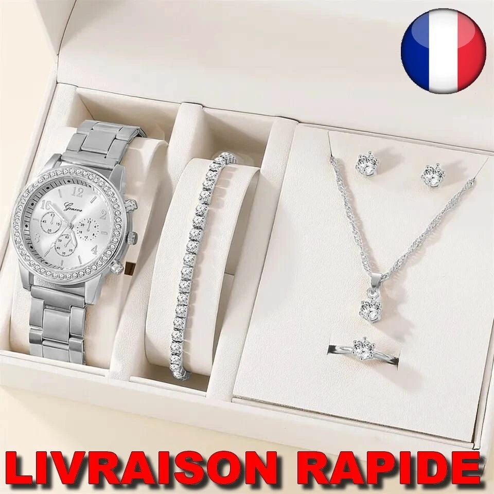 Montre Bracelet Argent Collier Bague Boucle d'oreille Bijoux Femme Strass Cadeau - Photo 1/1
