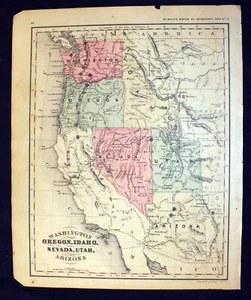 Antique 1866 Color Map Washington Oregon Idaho Nevada Arizona Utah McNally - Picture 1 of 6