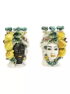 Coppia teste di moro h20 cm in ceramica di caltagirone sicilia decoro limoni - Foto 1 di 4