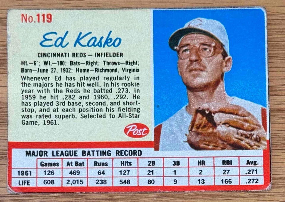 1962 POST CEREAL ED KASKO #119 CINCINNATI REDS NICE - Image 1 of 1
