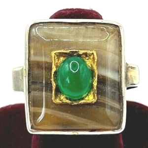 Mogul Type 24K Gold Setting/925 St. Silver Ring with Agate & Emerald, Size O 1/2 - Picture 1 of 5