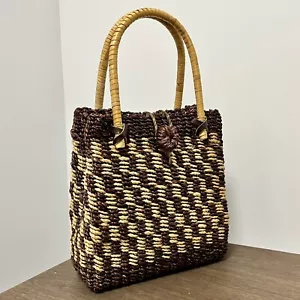 SUMMER TOMPKINS Collection Woven Straw Bag Bamboo Handles Brown Beige Handbag - Picture 1 of 12