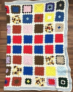 Vtg Handmade Granny Square Crochet Afghan Throw Blanket Colorful Retro Hippie - Picture 1 of 5