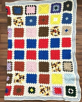 Vtg Handmade Granny Square Crochet Afghan Throw Blanket Colorful Retro Hippie - Image 1 of 4