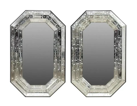 PAIR OF VENETIAN FACETED OCTAGONAL FLORAL ETCHED MIRRORS Cover
