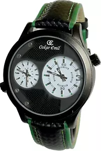 Oskar Emil Classic DUO Dual Time Twin Zifferblatt Qualitätsuhr schwarz & grün Leder - Bild 1 von 4