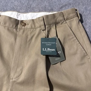 New LL Bean Pleated Khaki Pants Mens 34x32 Beige NWT Wrinkle Resistant Comfort - Picture 1 of 7
