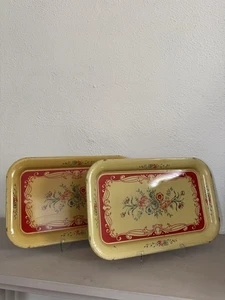 Vintage Yellow Metal Serving Trays Set of 2 - Midcentury Decorative Platter - Picture 1 of 10