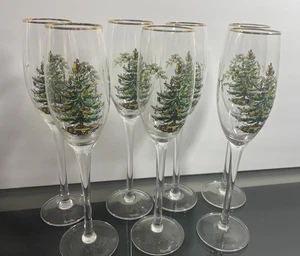 Set Of 7 Spode Christmas Tree Crystal 10" Gold Rimmed Champagne Flutes - Picture 1 of 5