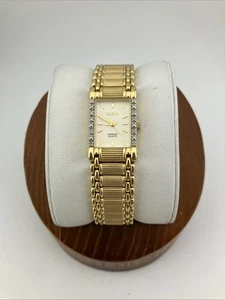 Vtg Elgin Ladies 17mm Watch Gold Tone Diamond Bezel Gold Dial 6.25" em264 - RUNS - Picture 1 of 20
