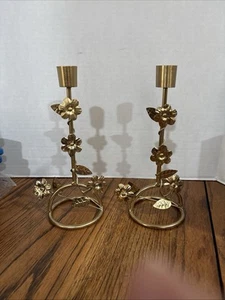 Floral Taper Candle Holder Metallic Metal Gold Set of 2 - Picture 1 of 6
