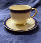 Lenox China Footed Tea Cup Saucer Jefferson Pattern Ivory Cobalt Gold Garnet