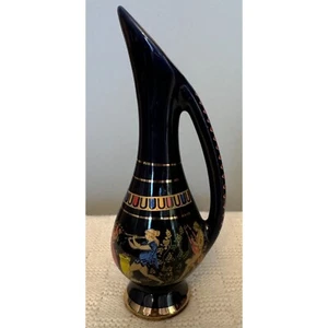 Vintage dunkelblauer Krug mit buntem griechischem Motiv Handarbeit in Griechenland mit 24KT Gold - Bild 1 von 12