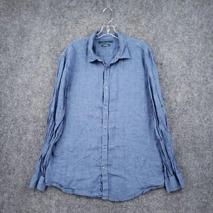 Perry Ellis Button Up Shirt Men L Large Blue Linen Roll Tab Long Sleeve Collared - Picture 1 of 11